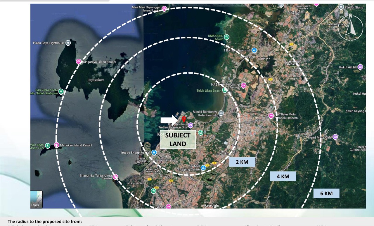 Site overview map showing 2, 4 and 6 km radius rings around the subject land in Kota Kinabalu