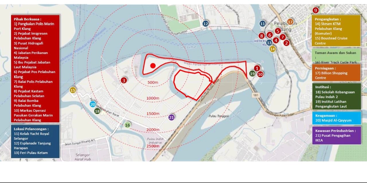 Context map of the Pulau Indah site showing distance rings and surrounding port, industrial and institutional landmarks