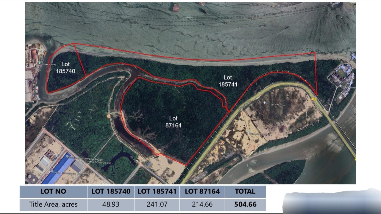 Close-up satellite view of the three Pulau Indah lots with title-area breakdown